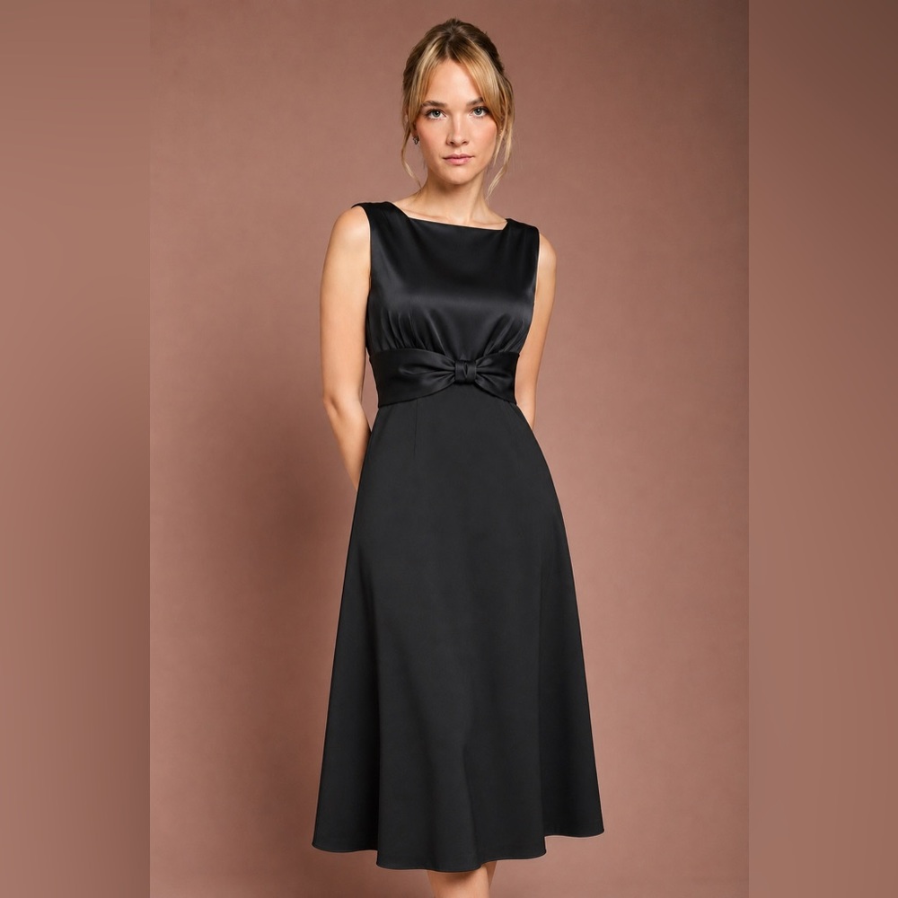 TRISTAN - Black Satin Empire Waist Cocktail Dress Bow Detail